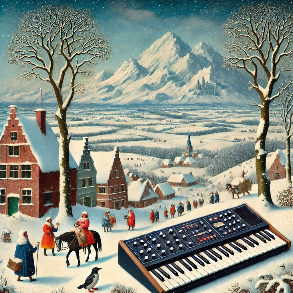 A snowy landscape inspired by Pieter Bruegel the Elder with a synthesizer